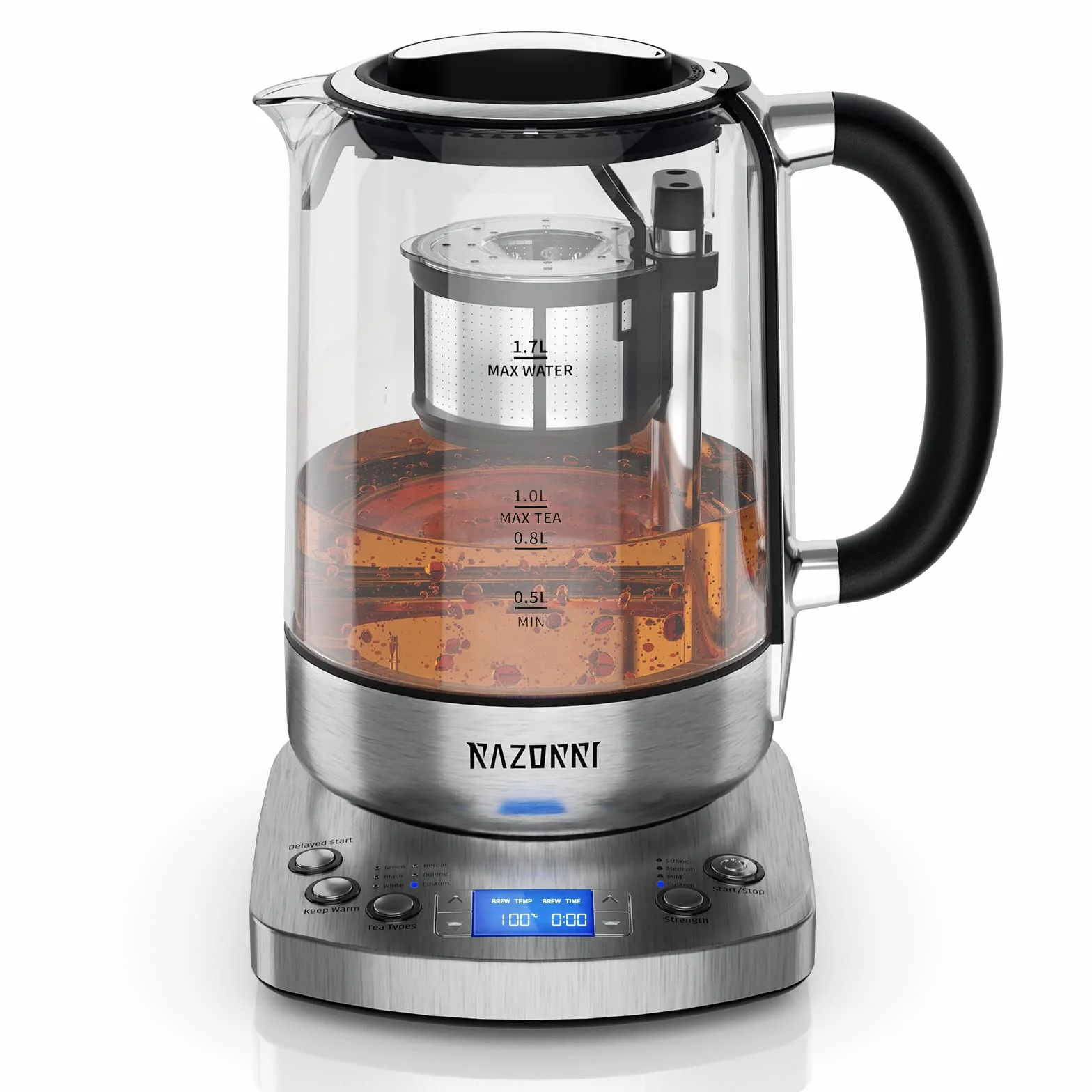 Razorri Théière électrique - 1,7 L - Panier à thé relevable automatique - 5 types de thé et 3 niveaux d'infusion - Garde au chaud jusqu'à 60 minutes - Démarrage retardé jusqu'à 24 heures