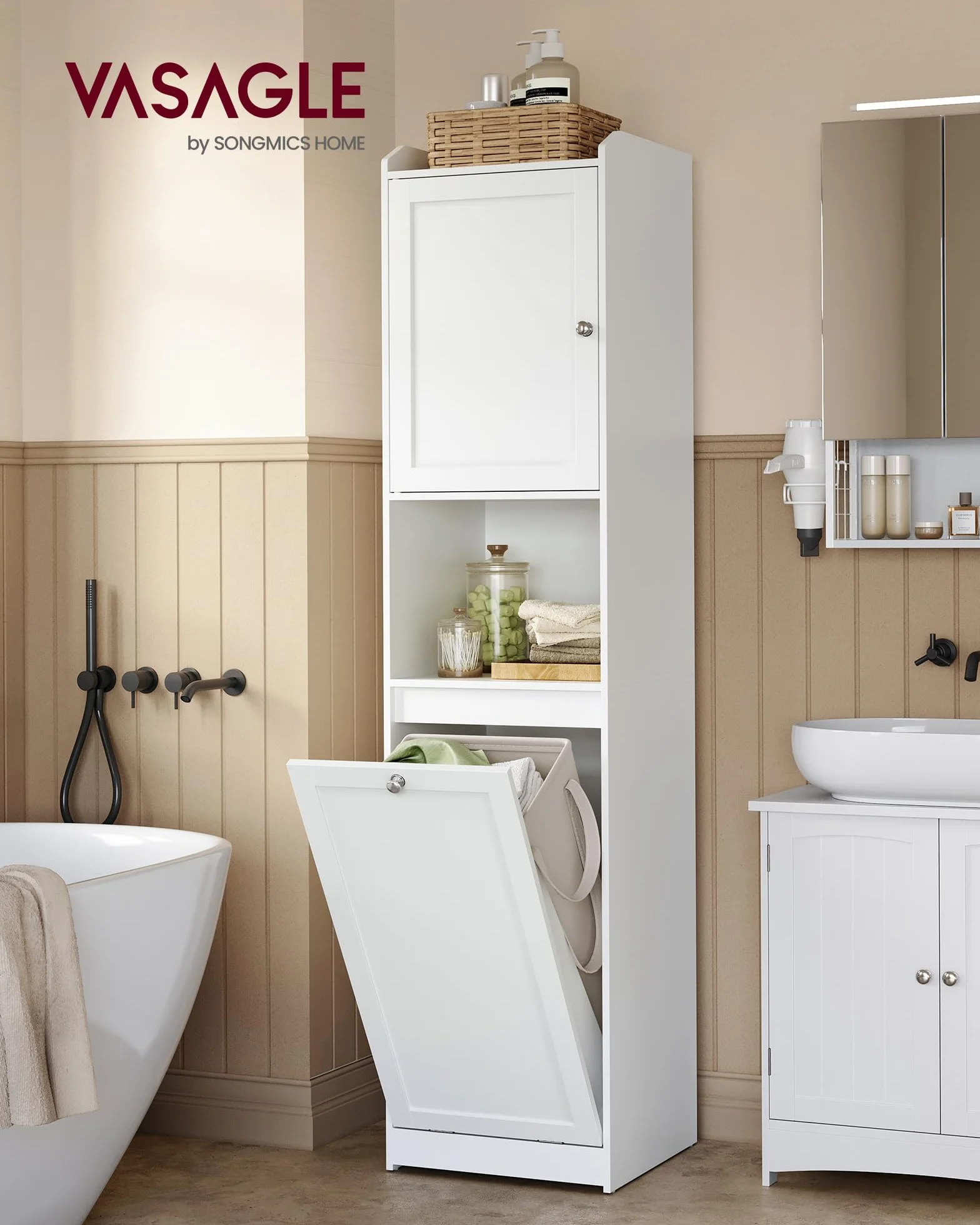 VASAGLE Meuble de Salle de Bain, Panier à Linge, Placard de Rangement Haut, avec Sac Intérieur Amovible avec Poignées, Compartiment avec Porte, 40 x 40 x 170 cm, Blanc Nuage BBC761W01