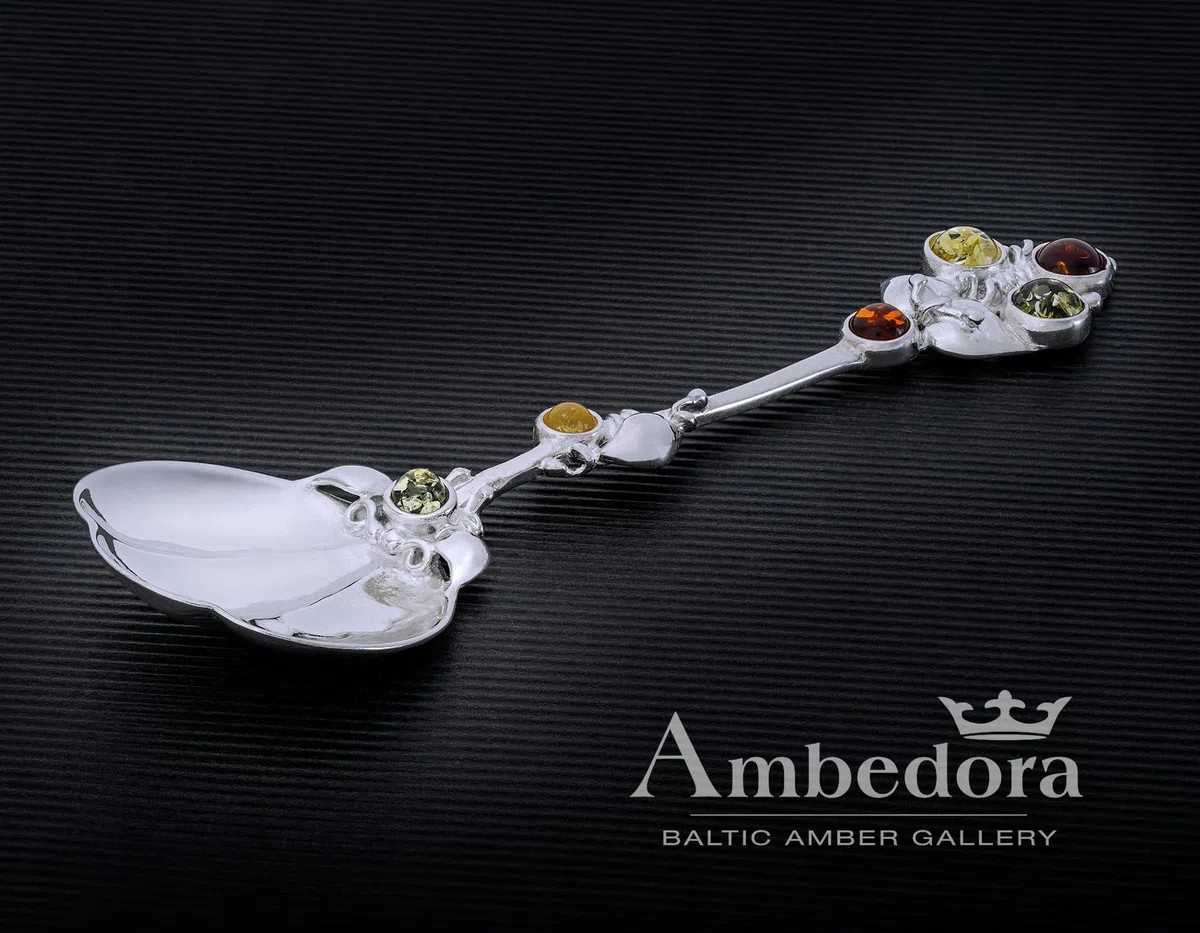 Cuillère en Argent Andalousie avec Ambre, Argent Sterling Poli, Ambre Baltique en Trois Couleurs, L. 10 cm
