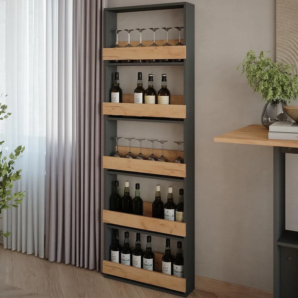 Vicco étagère pour Verres à vin Repose, Chêne doré/Anthracite, 60x180cm, pour Montage Mural avec Supports pour jusqu'à 8 Verres à vin