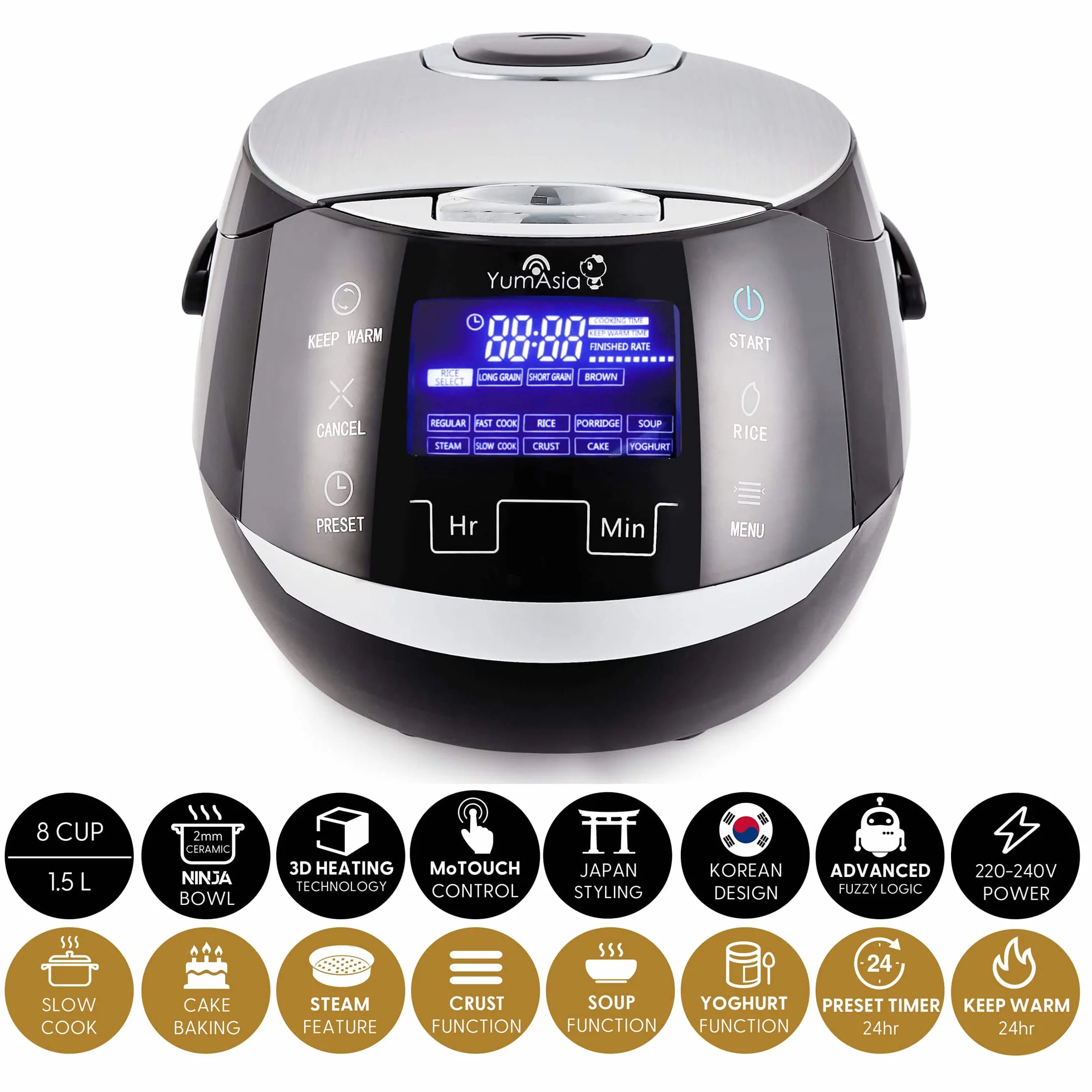 Yum Asia Sakura Cuiseur à riz avec bol en céramique et logique floue avancée, (8 tasses, 1,5 litre), 6 fonctions de cuisson du riz, 6 fonctions multicuiseur, écran LED Motouch, 220-240V