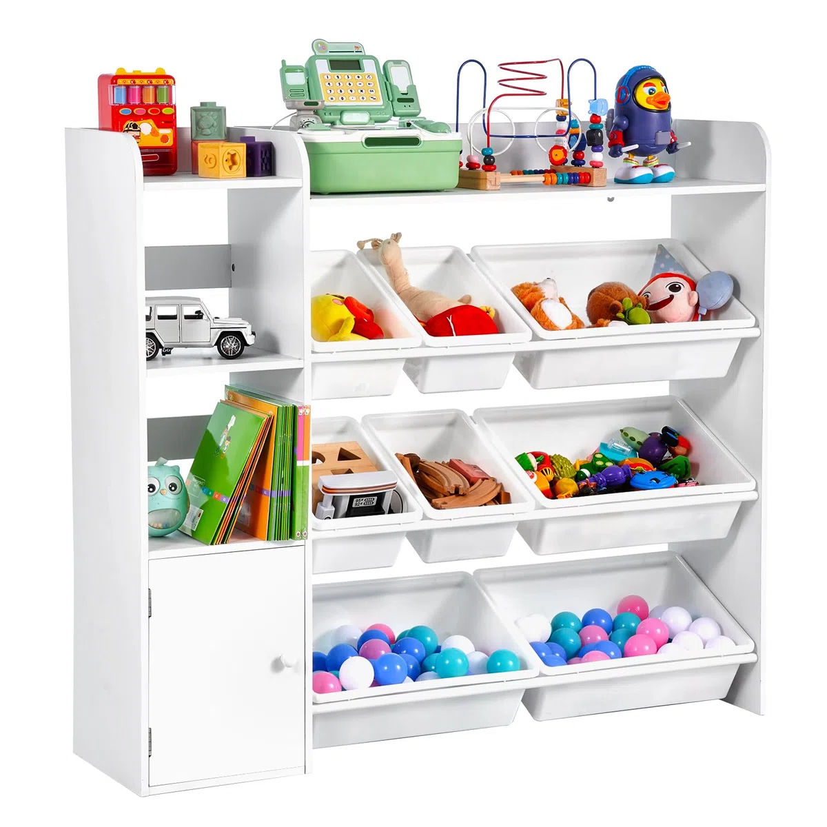 VEVOR Meuble de Rangement Jouets Enfant à 4 Niveaux avec bibliothèque, étagère d'organisateur de Jouets avec 8 bacs en Plastique Flexibles, pour Salle d'étude, Chambre, Salle de Jeux, crèche, Blanc