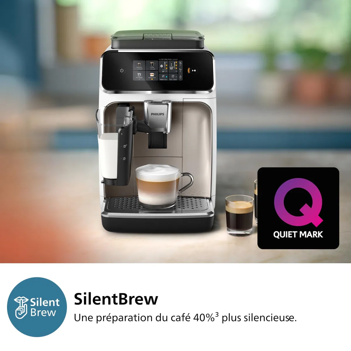 PHILIPS Expresso broyeur Série 2300-4 Boissons, Écran tactile coloré, Carafe LatteGo, 40% plus silencieux grâce à SilentBrew, Broyeur 100% Céramique, Machine à café à grain Blanc Chromé (EP2333/40)