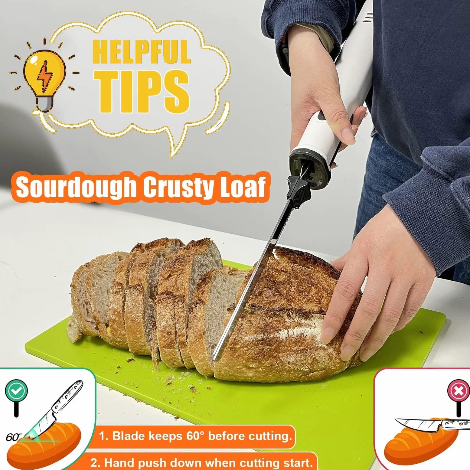 Couteau à viande électrique sans fil, à pain avec 2 lames dentelées de 8" en acier inoxydable, déclencheur de verrouillage de sécurité