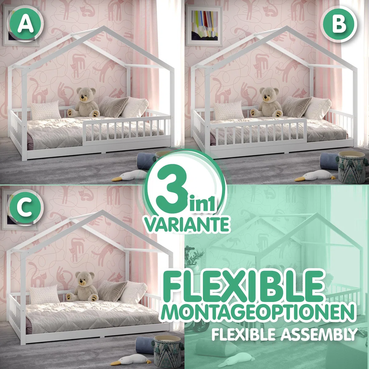 CADANI Malte lit Enfant 140x200 cm – lit cabane avec barrière Amovible, Jusqu’à 200 kg, sommier à Lattes Inclus, lit au Sol Montessori en pin Massif, Blanc