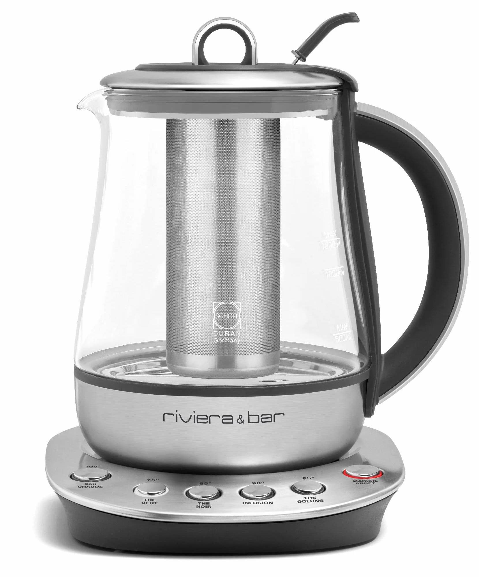 riviera&bar Théière Bouilloire à Température Réglable - Idéale pour Infusions et Thés Verts, Noirs, Oolongs, Maintien au Chaud, Signal Sonore Désactivable - Verre Trempé et Inox