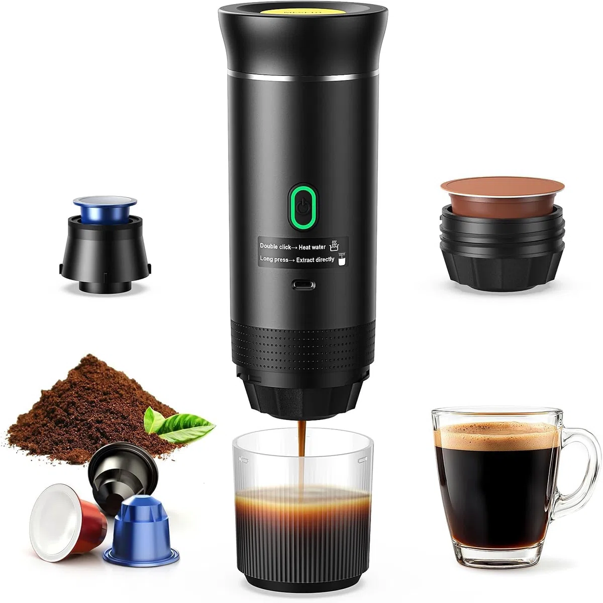 Cafetière Portable 3 en 1, Cafetiere Rechargeable Expresso Machine a Cafe compatible avec capsules Ness-preso, Dolce-Gusto et café moulu, pour Bureau, Maison, Voyage