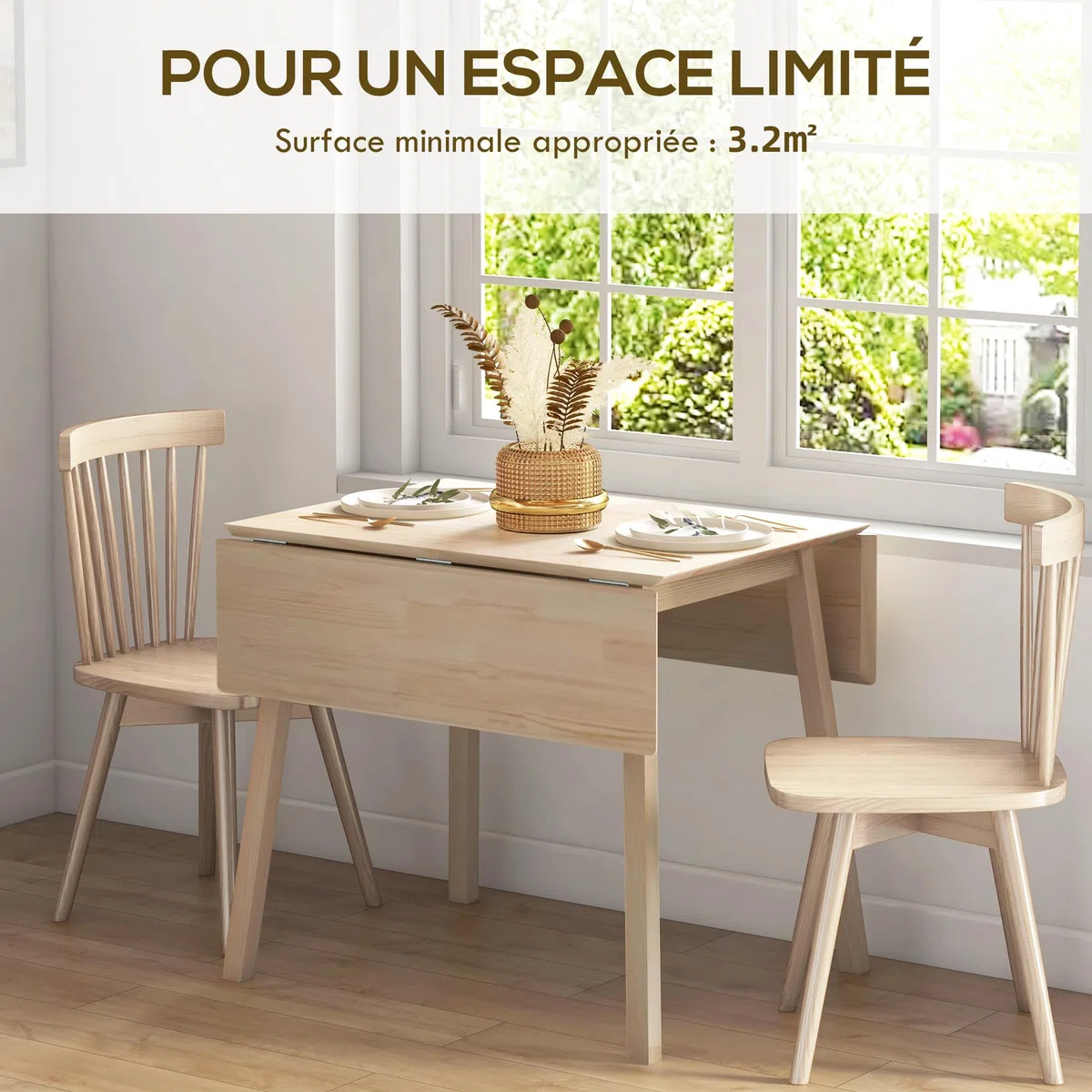 HOMCOM Table de Cuisine Pliable Table à Manger Pliante avec Plateau Rabattable en Bois pour 2 à 4 Personnes, Bois Naturel