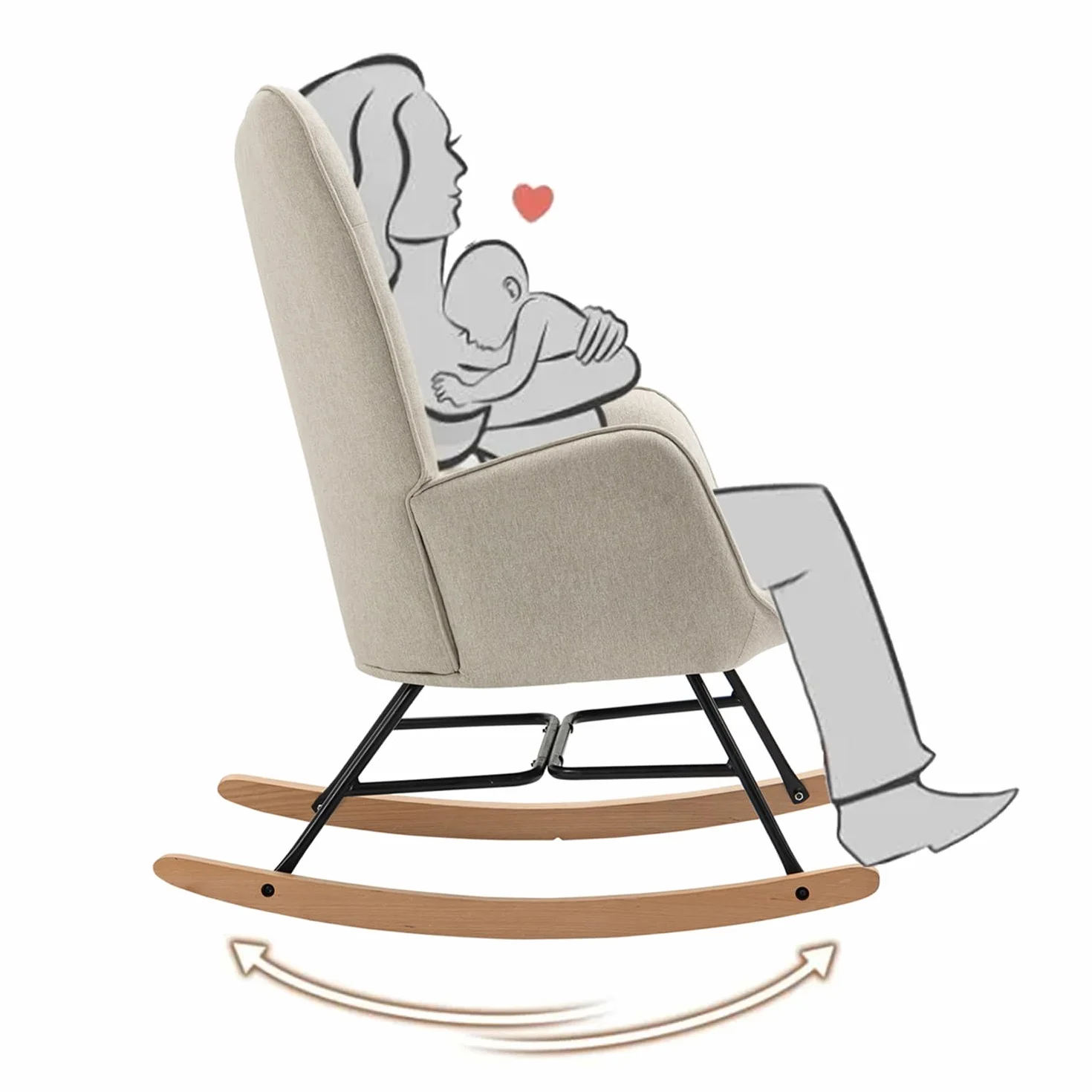MEUBLE COSY Fauteuil à Bascule Allaitement Scandinave Chaise Loisir et Repos en Tissu avec Pieds en E' Bois Métal pour Salon, Chambre, Massif, Beige, 66x84x97cm