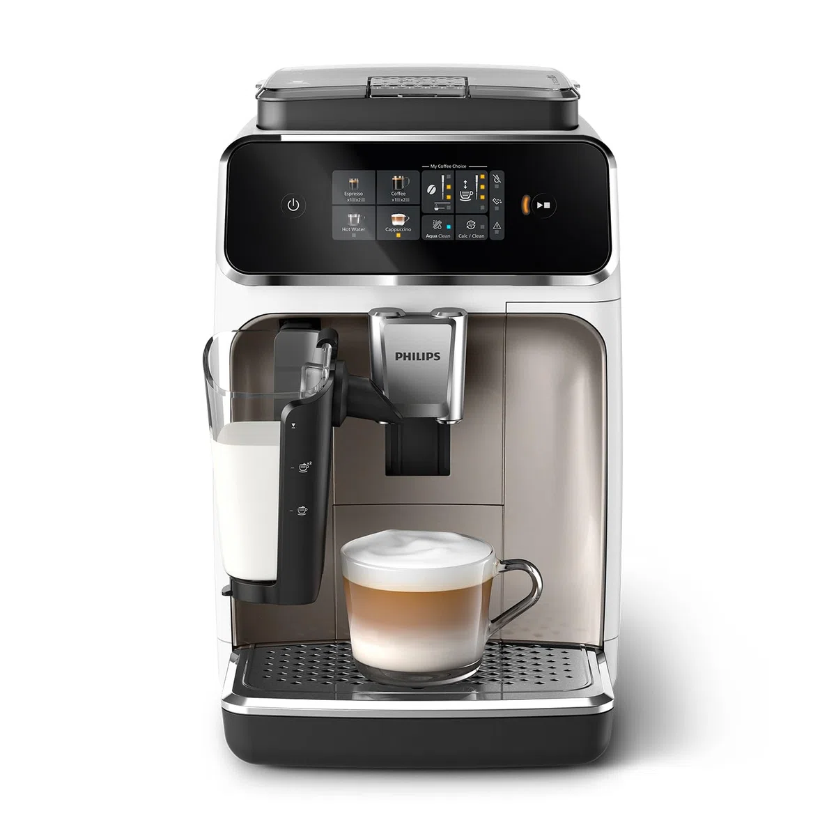 PHILIPS Expresso broyeur Série 2300-4 Boissons, Écran tactile coloré, Carafe LatteGo, 40% plus silencieux grâce à SilentBrew, Broyeur 100% Céramique, Machine à café à grain Blanc Chromé (EP2333/40)