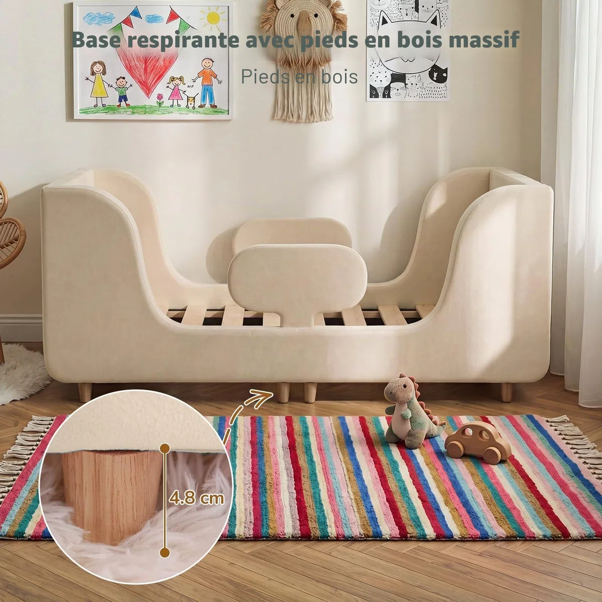 Lit pour petits enfants, Cadre de lit pour enfants rembourré souple, Lits d'enfants avec protection extra-large, Lits d'enfants pour filles et garçons (sans matelas)