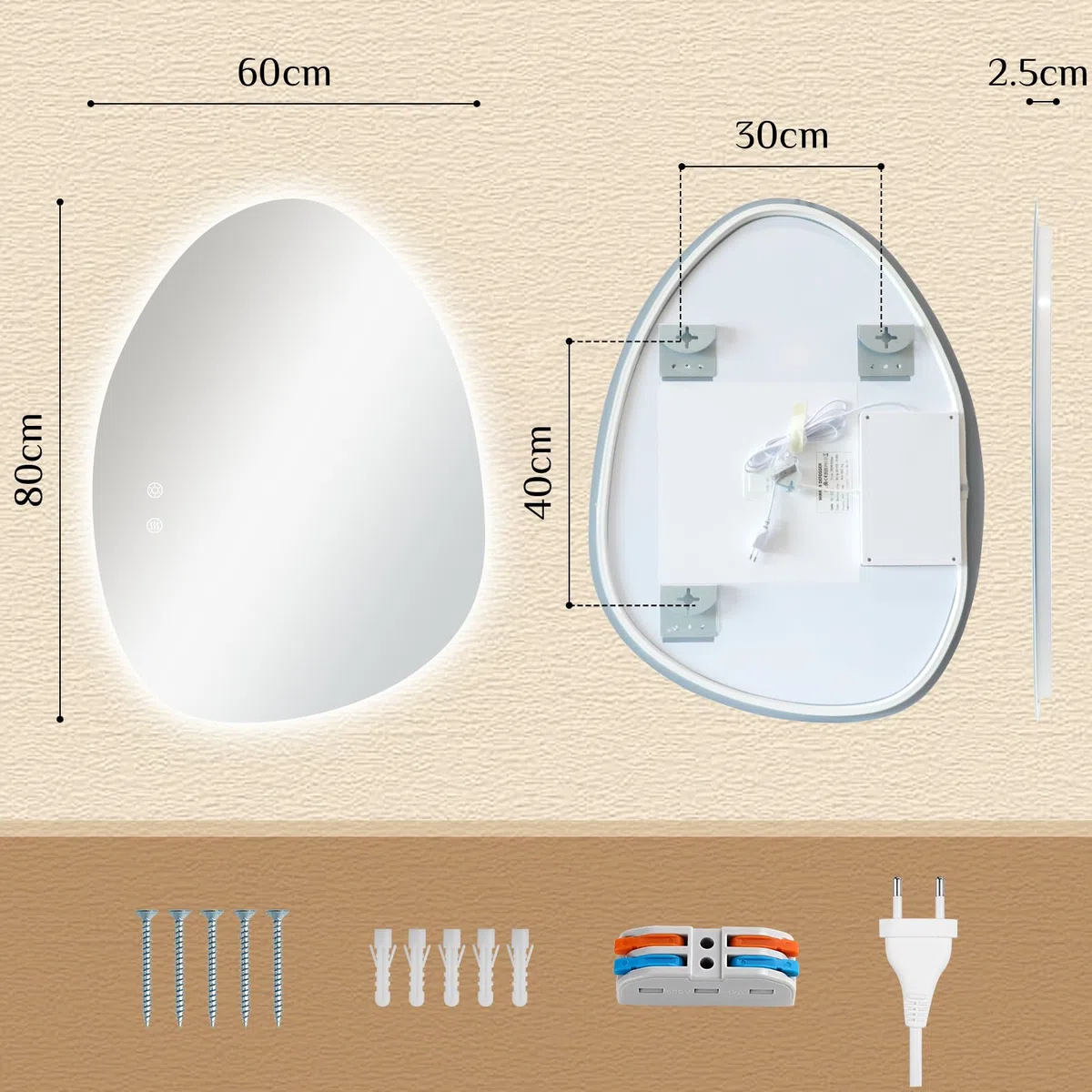 Clevich Miroir de Salle de Bain avec éclairage asymétrique 80 x 60 cm, Miroir LED avec 3 Couleurs de lumière à intensité Variable, Verre trempé, Interrupteur Tactile, Fonction mémoire, Anti-buée