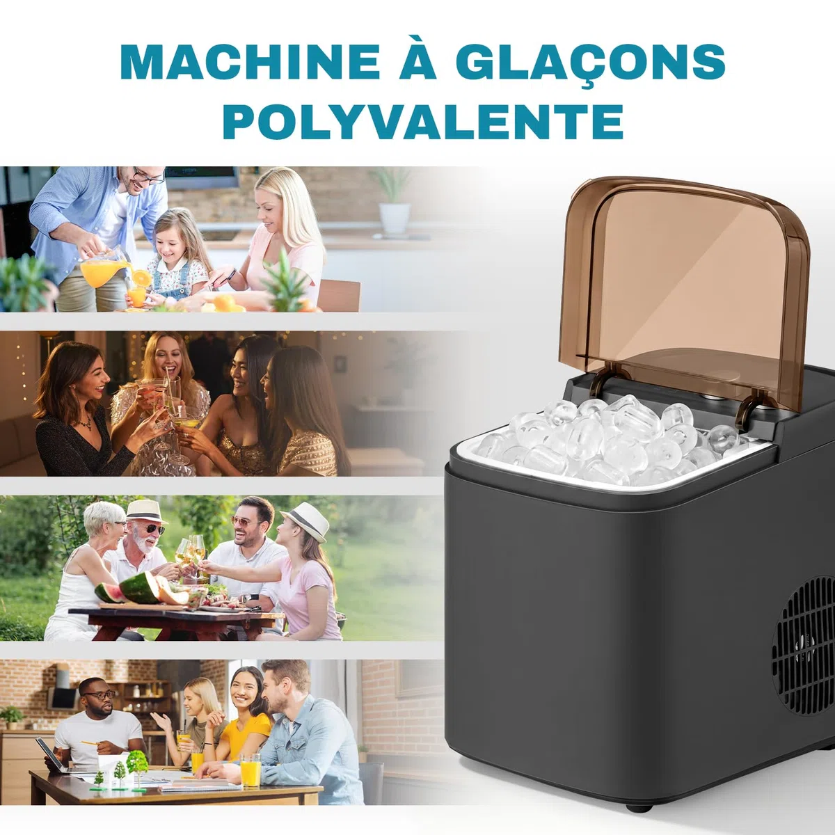 LEADZM Machine à Glaçons 12 kg/24h, 9 Glacons en 6-10 Minutes, 2 Tailles de Glacons,Machine a Glacons avec Poignée portable pour la Maison, la Fête, le Bureau et le Camping (Noir)