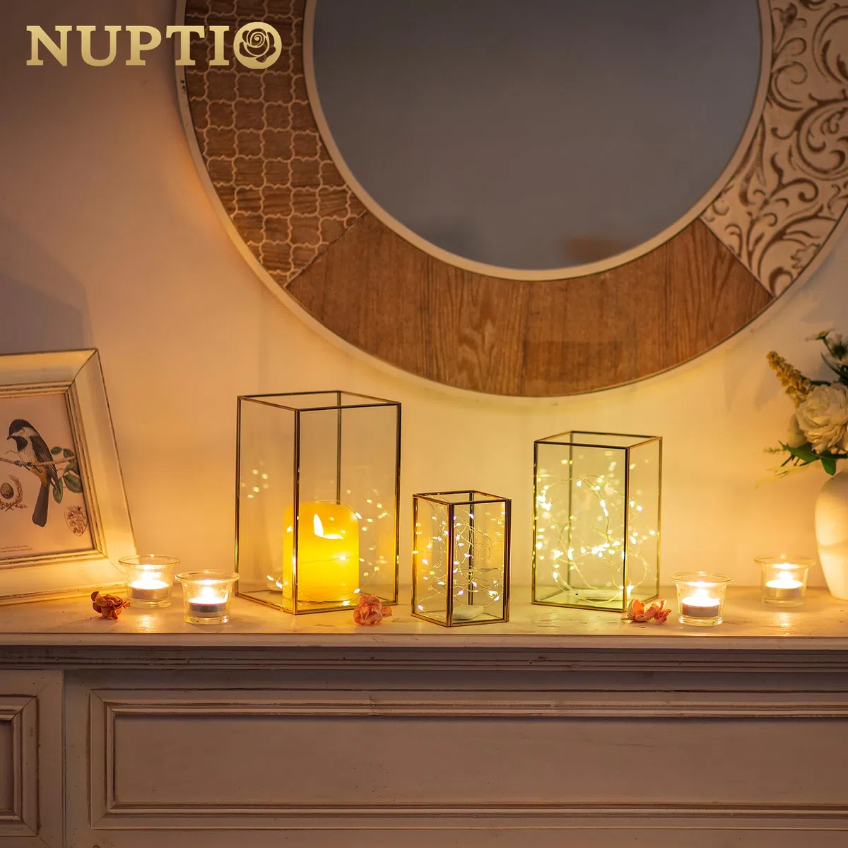 NUPTIO Lanterne Or en Verre Trempé Cheminée 6 Pièces pour Bougies Set Extérieur Carré Décoratif pour Mariage Noël Halloween Ornements Salon Tabletop Cheminée