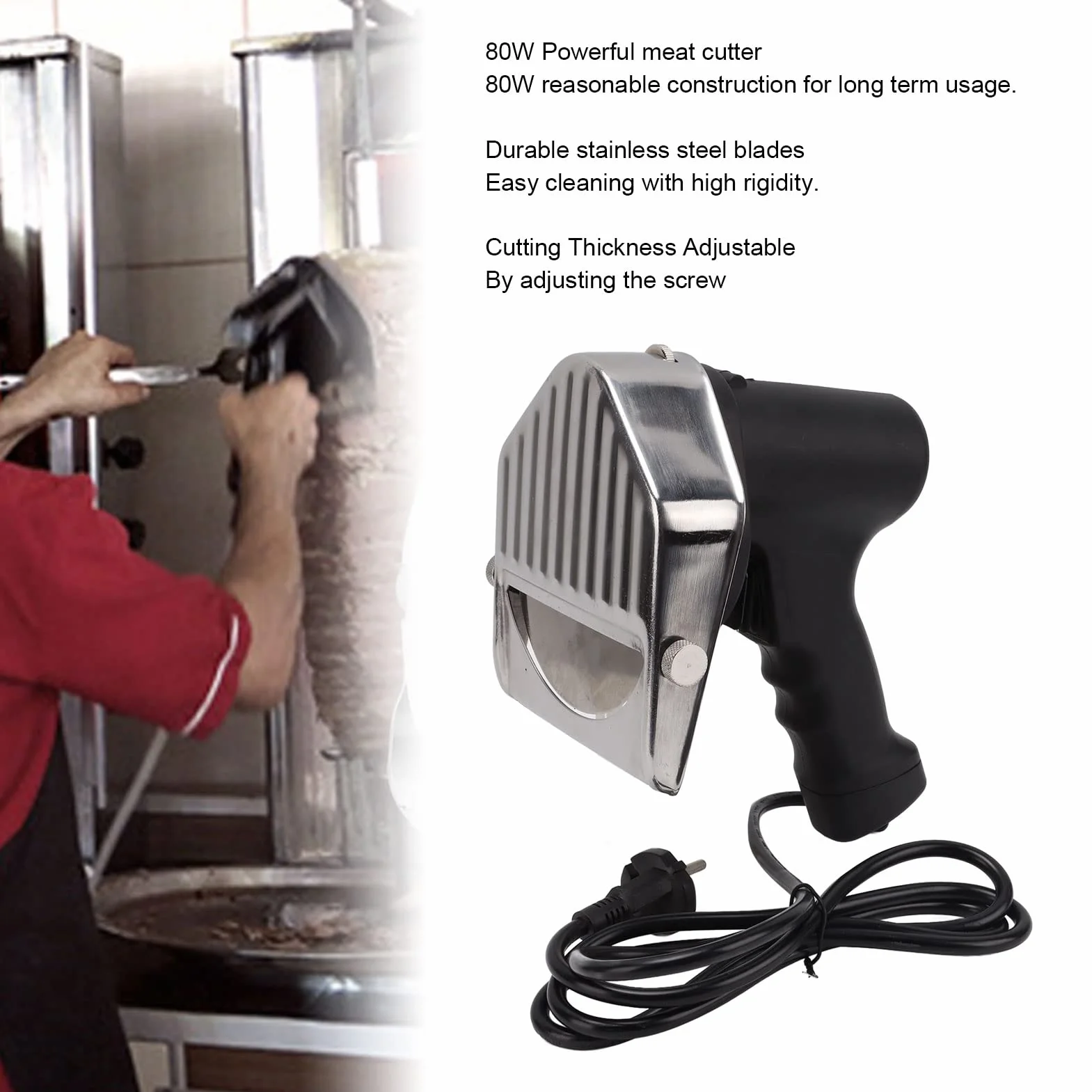 Couteau Kebab électrique, Lame en Acier Inoxydable Shawarma Cutter Épaisseur de Réglable 110-220V pour Restaurant