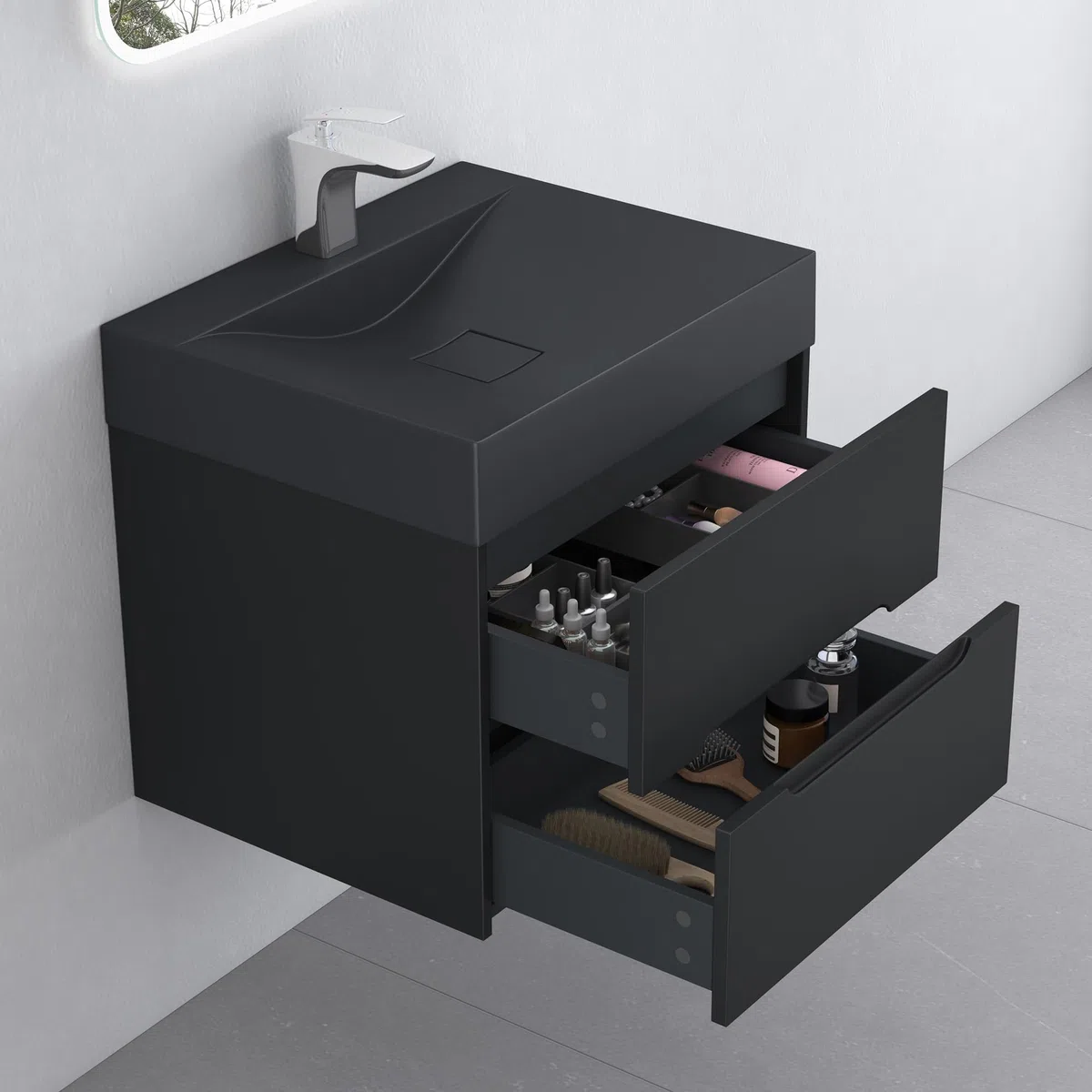 doporro Meuble de Salle de Bain Suspendus Noir Mat 60x48x56cm Ensemble de 2 Pièces Meuble avec Lavabo Design Yoga-Lackier
