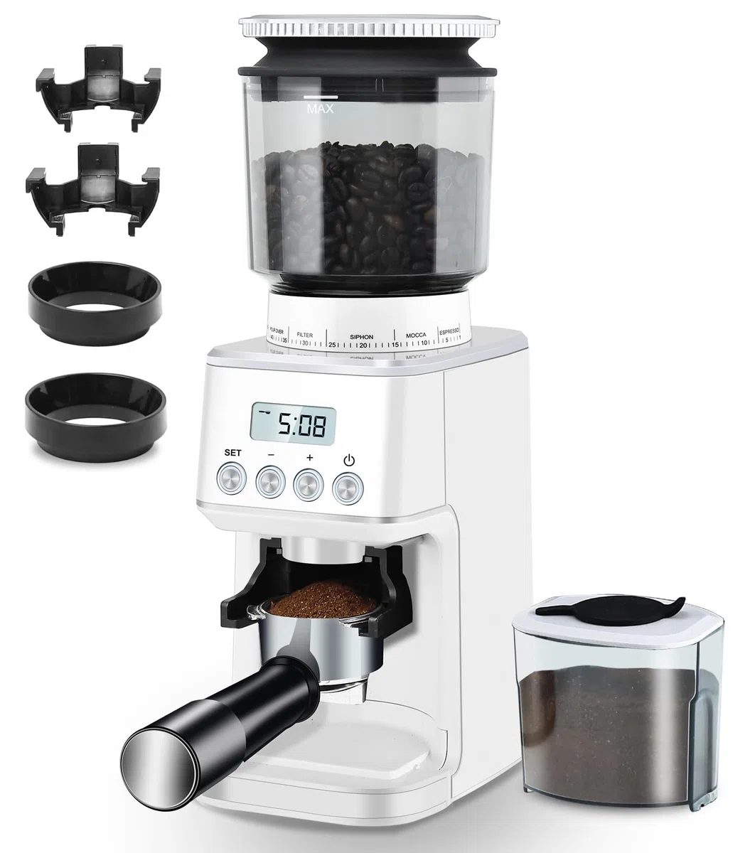 Homtone Broyeur à Café Electrique Conique en Acier Inoxydable, Broyeur de Café à 51 Niveaux Réglables, Broyeur à Café Expresso, Broyeur à Café Automatique Pour Filtre, Noir/Acier Inoxydable