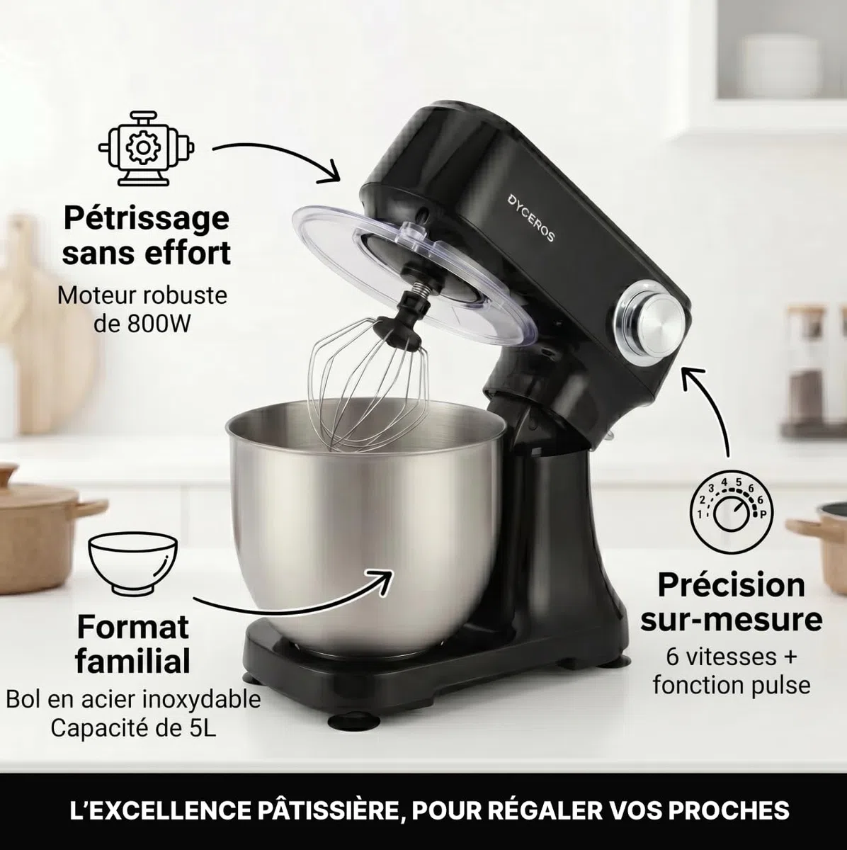 Robot pâtissier Dyceros Impastia 800W | Bol en acier inoxydable 5 L, 6 vitesses + turbo – Kit pâtisserie inclus