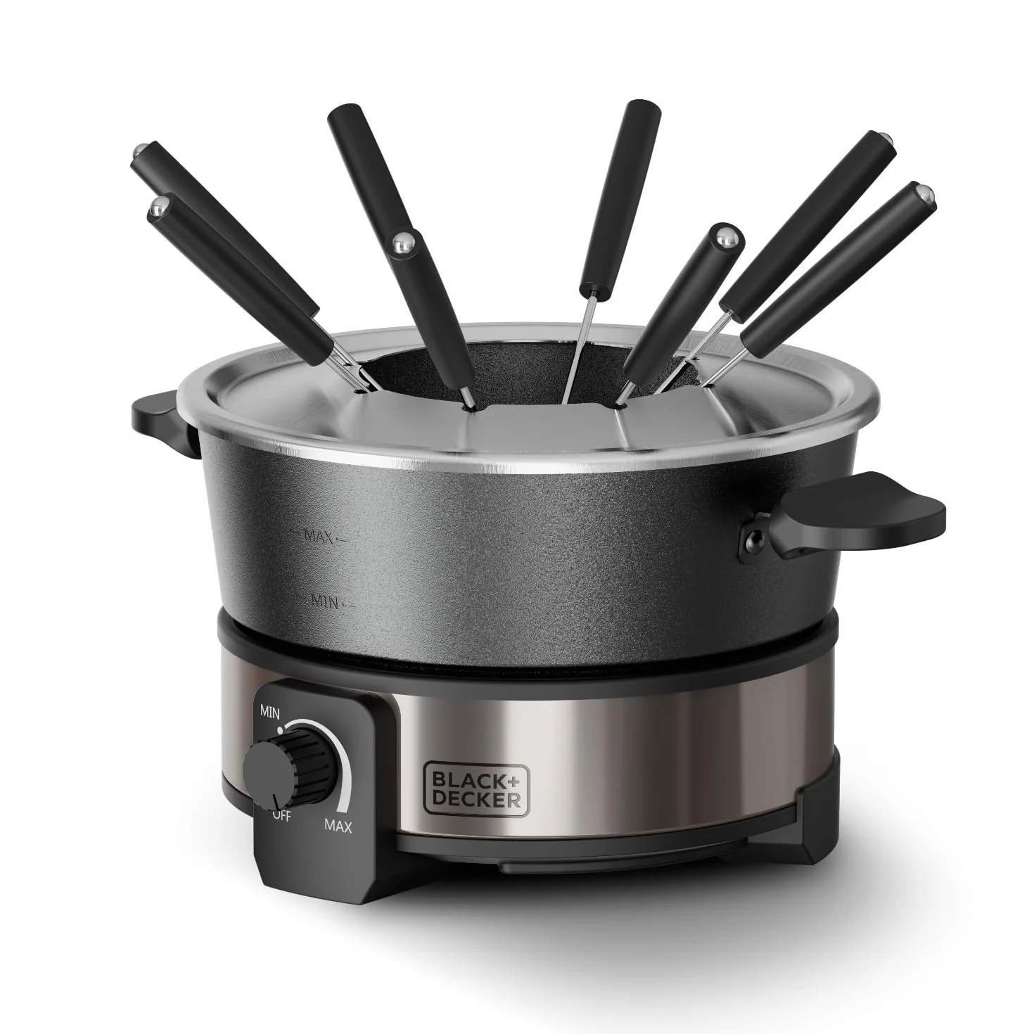 BLACK+DECKER - Fondue +1000 W | 2L | Thermostat réglable jusqu'à 200°C | Chocolat, fromage, bouillon et huile | Cuve antiadhésive sans PFOA | 8 fourchettes | Poignée froide | Compatible lave-vaisselle