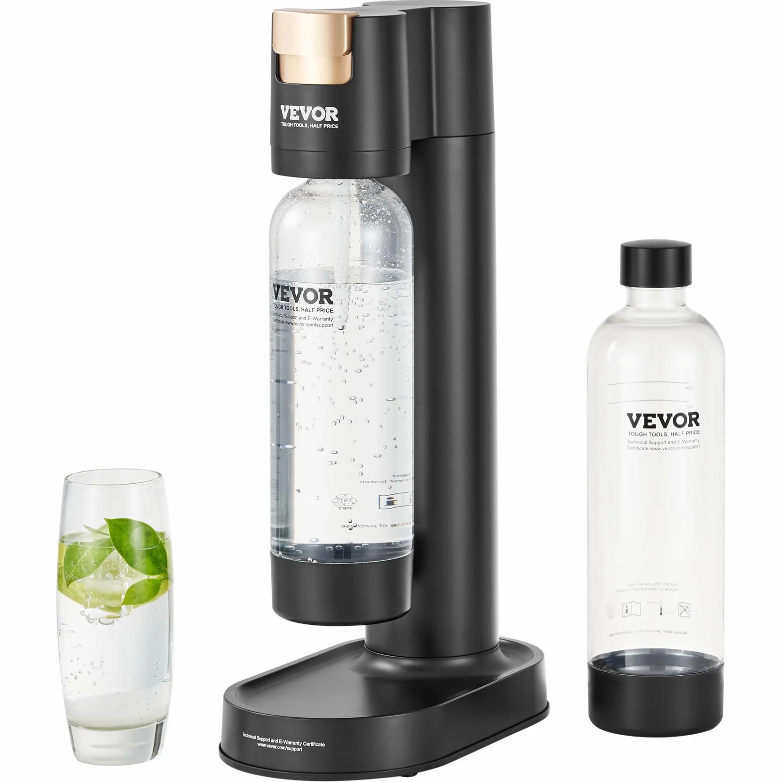 VEVOR Machine à eau gazeuse, machine à eau pétillante et soda pour gazéification domestique avec 2 bouteilles PET de 1 L sans BPA, compatible avec le cylindre de CO2 60 L à visser (non inclus), noir
