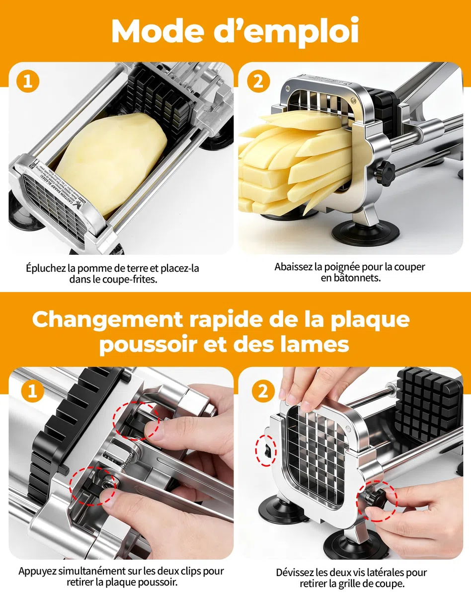 Coupe Frite Professionnel avec Lames 13 mm, 9 mm, 6.5 mm Coupe-Frites Manuel en Acier Inoxydable Coupe Patate frite pour Patates Douces, Carottes, Ignames et Concombres