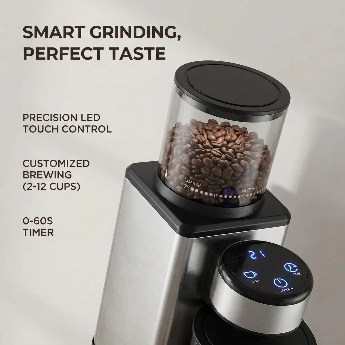 Moulin à café électrique pour la maison, moulin à cône en acier inoxydable, 25 degrés de mouture, moulin à café silencieux pour expresso, café filtre et carafe à moka