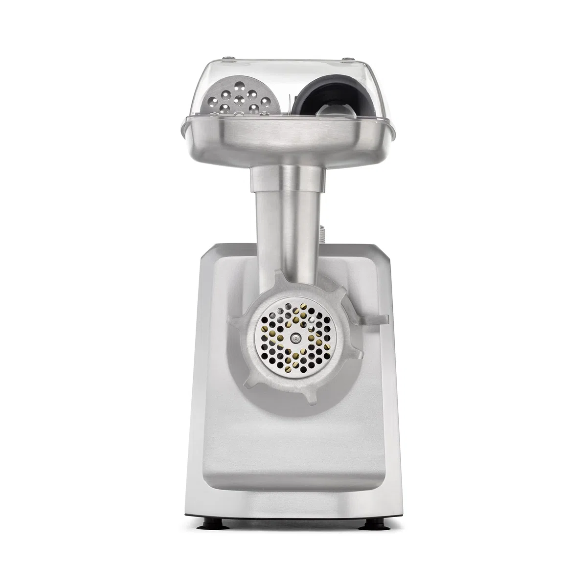 CASO FW 2500 – Hachoir à viande électrique professionnel, 2 500 W, fonction marche avant et arrière, 2,5kg/min, accessoire à saucisses, 3 grilles en inox (3, 5 et 8 mm), corps en aluminium, argent