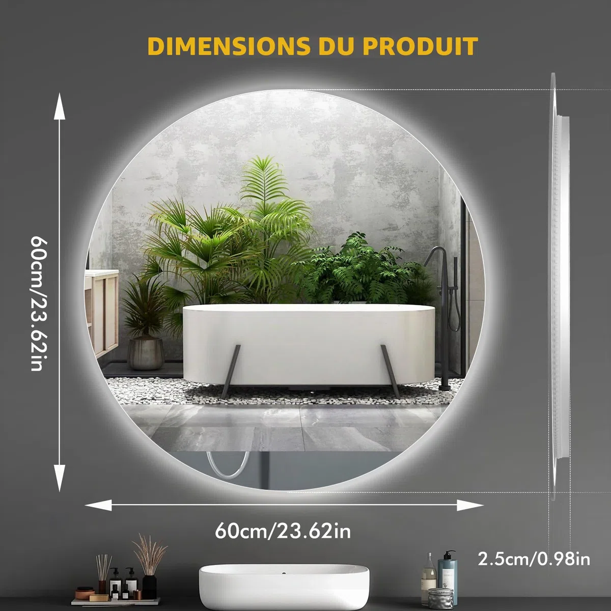 Miroir de Salle de Bain avec Éclairage 60 x 60 cm, Miroir LED Circulaire avec Anti-Buée, Dimmable, 3 Températures de Couleur, Réglage de L'heure, Fonction Mémoire, Capteur Tactile