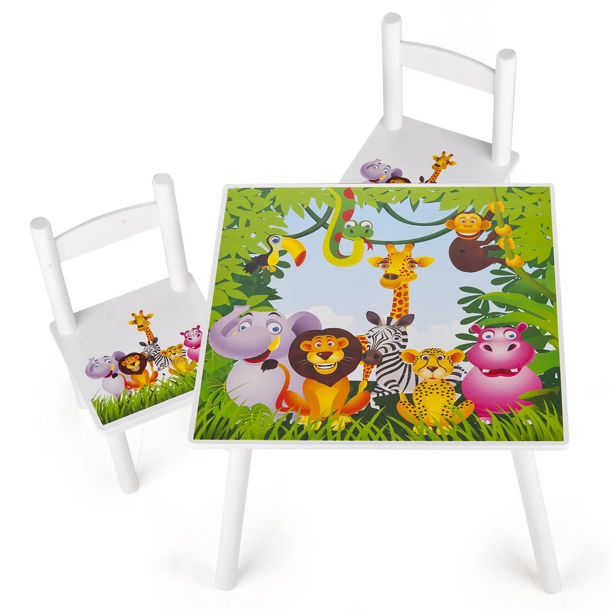 Leomark Table et 2 chaises Table pour Enfants Petit Bureau Couleur Blanc avec Motif Jungle Animaux Dimensions: L 60 x L 60 x H 42 Durable, Multiusage et Facile à Installer