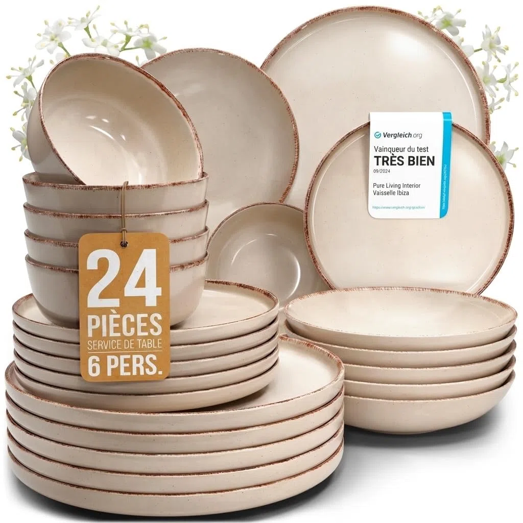Pure Living Service de table en faïence rustique pour 6 personnes 24 pièces Vainqueur du test Style maison de campagne Service de table en faïence de qualité supérieure Beige