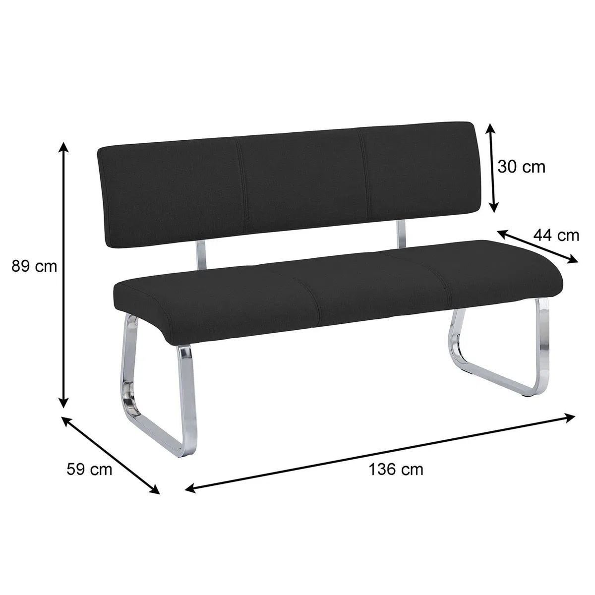 IDIMEX Banc sallle à Manger Vilas L 135 cm, siège avec 3 Places, Banquette au piètement chromé et Dossier au revêtement en Tissu Noir