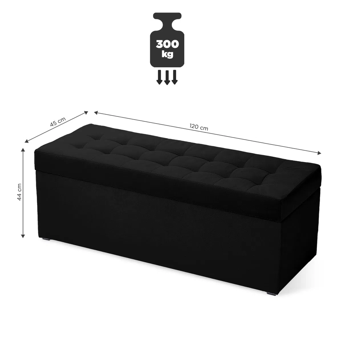 MG Design Pouf Coffre 45 x 120 cm Noir – Rangement 140 L, Charge 300 kg, Doux, Aspect Mat et Texture Fine, Facile à Nettoyer – pour Salon, Chambre, entrée