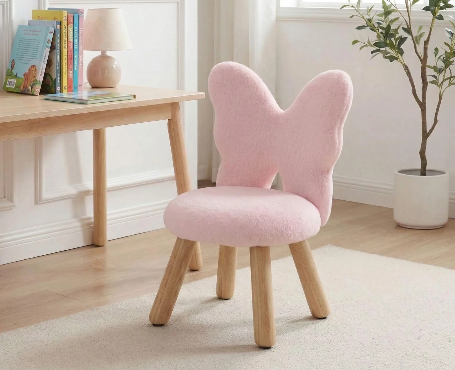 chairus Tabouret Enfant avec Dossier en Forme de Papillon, Chaise Enfant en Fausse Fourrure, Petit Tabouret Bois pour Chambre, Salon, Rose