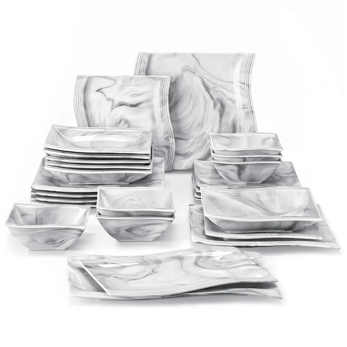 MALACASA Assiettes Service de Table pour 6 Personnes, FLORA 26 Pièces Service Vaisselle en Gris Effet Marbre, 6 Assiettes Plate, Assiettes Dessert, Assiettes Creuse, Bols et 2 Assiettes Rectangulaires