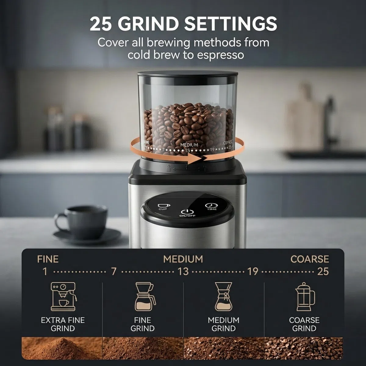 Moulin à café électrique pour la maison, moulin à cône en acier inoxydable, 25 degrés de mouture, moulin à café silencieux pour expresso, café filtre et carafe à moka