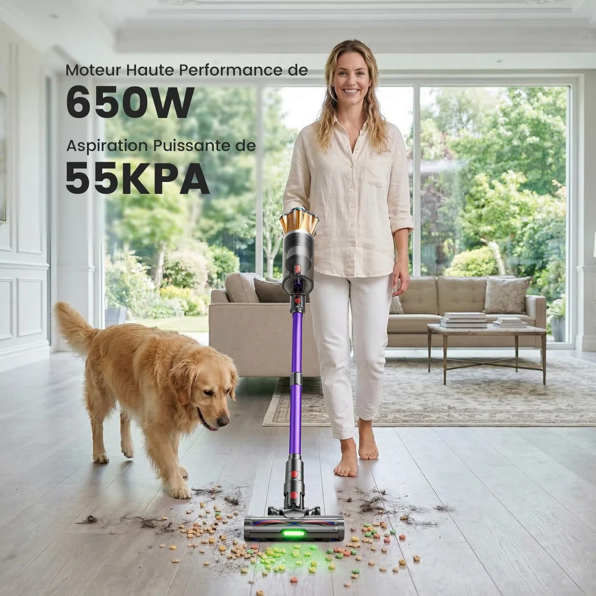 Aspirateur Balai sans Fil 55KPa 650W 70 Min, 1,8L Aspirateur sans Fil Puissant, Autoportant, Écran LED, Brosse Anti-Enchevêtrement, Pastille Parfumée, Poils d’Animaux Sols Durs Tapis Voiture
