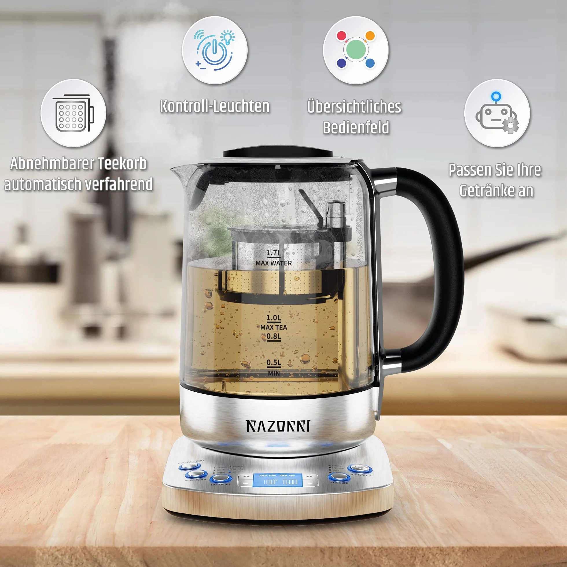 Razorri Théière électrique - 1,7 L - Panier à thé relevable automatique - 5 types de thé et 3 niveaux d'infusion - Garde au chaud jusqu'à 60 minutes - Démarrage retardé jusqu'à 24 heures