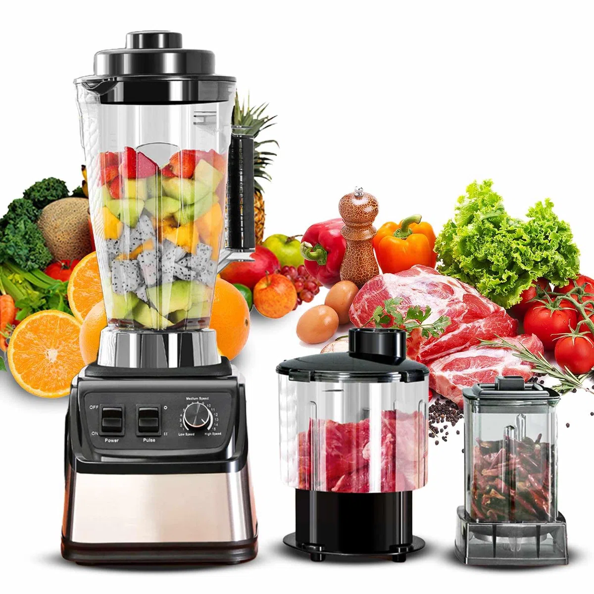 Blender Mixeur Professionnel 9500W, Blender Smoothie 3 en 1,8 Lames en Acier Inoxydable Equipé de 3 bols,15 RéGlages De Vitesse,Pour les Smoothies, les Milkshakes,les Purées