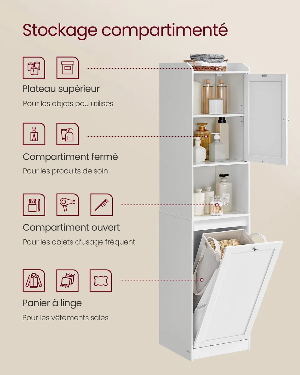 VASAGLE Meuble de Salle de Bain, Panier à Linge, Placard de Rangement Haut, avec Sac Intérieur Amovible avec Poignées, Compartiment avec Porte, 40 x 40 x 170 cm, Blanc Nuage BBC761W01