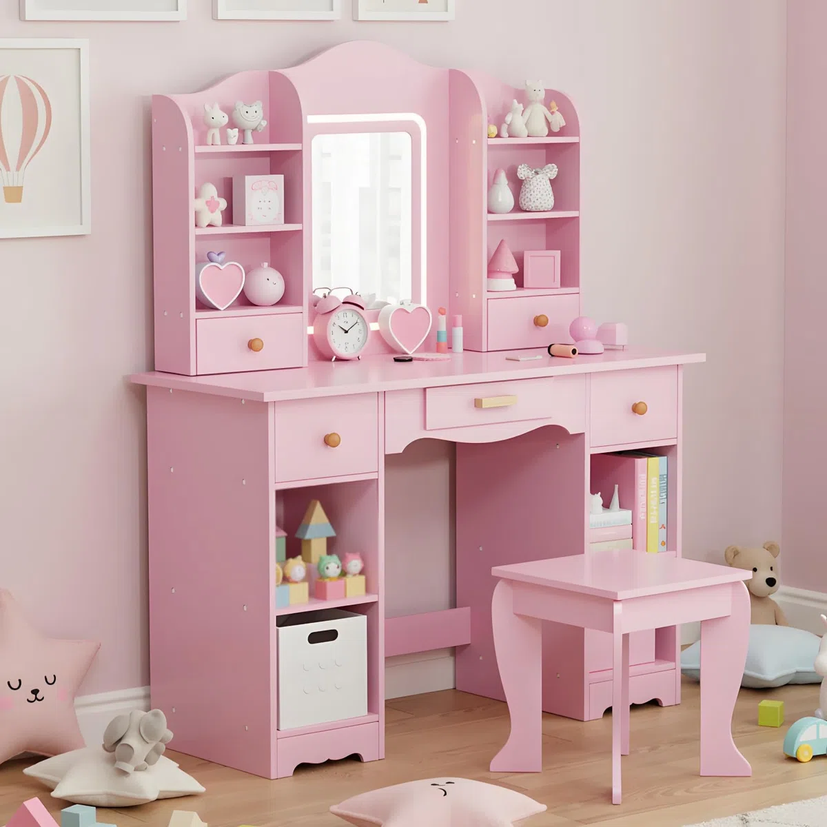 MAMIZO Coiffeuse pour Enfants avec Miroir LED, Coiffeuse pour Fille avec Tabouret, Table de Maquillage Fille avec 5 Tiroirs et 10 Compartiments de Rangement, 95x34x118cm, Bureau pour Enfant (Rose)