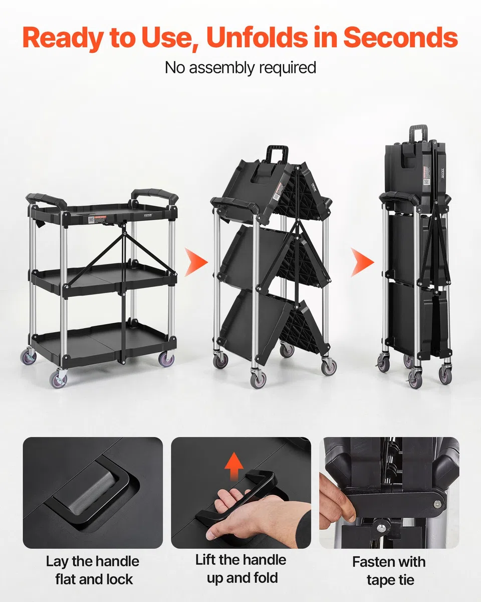 VEVOR Chariot de Service 65x39x83 cm Chariot de Transport Utilitaire Pliable 3 Étagères Capacité Totale 74,8 kg​ 25 kg​/Étagère Roues Pivotantes (2 avec Freins) pour Outils de Garage Entrepôt Bureau