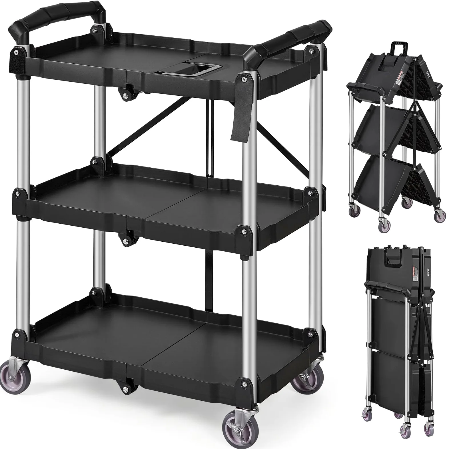 VEVOR Chariot de Service 65x39x83 cm Chariot de Transport Utilitaire Pliable 3 Étagères Capacité Totale 74,8 kg​ 25 kg​/Étagère Roues Pivotantes (2 avec Freins) pour Outils de Garage Entrepôt Bureau