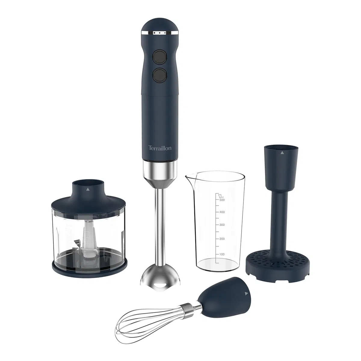 TERRAILLON - NEW MOON- Mixeur plongeant Electrique, Lames Inox, Fonction Turbo, 1000W, VItesse variable, Gobelet doseur, fouet inox, Hachoir 600 ml, Presse purée, Corps Inox peint, Bleu