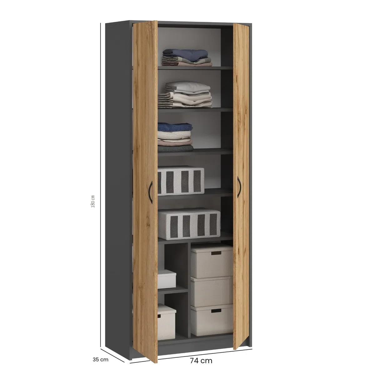 Home Collective Armoire Multi-usages Anthracite-chêne 74 cm L x 180 cm H avec 6 étagères et Compartiment supplémentaire, Rangement en Bois pour Chambre, Bureau ou Couloir