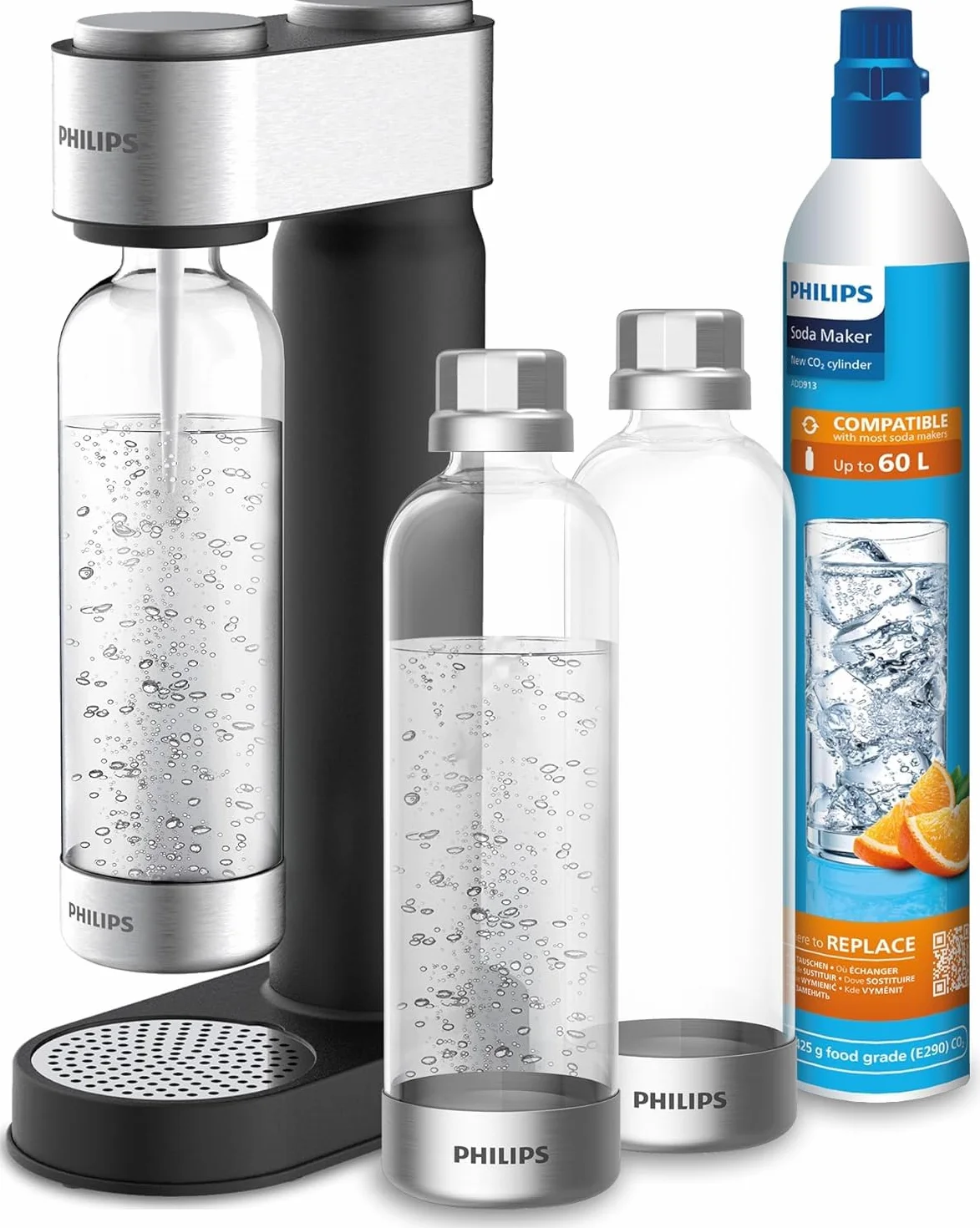 Philips ADD4902BKA/10 GoZero Machine à gazéifier 3 bouteilles d'eau en plastique sans BPA de 1 l, 1 cylindre de CO2 pour jusqu'à 60 l d'eau gazeuse, noir