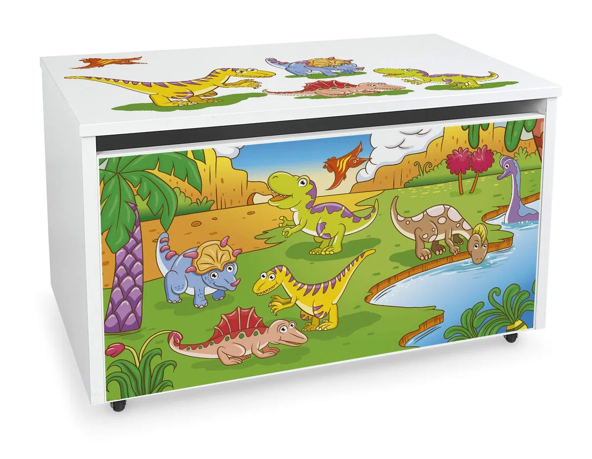 Leomark Coffre de Rangement pour Enfants - DINO - Organisateur à jouets en bois, Conteneur à jouets, banc sur roulettes, Dimensions: L 71 x P 40 x H 46 cm