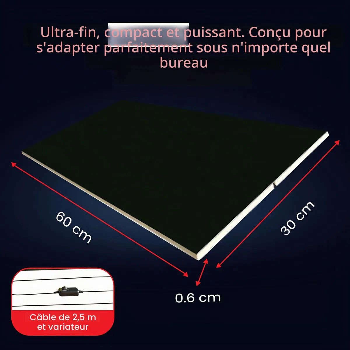 Chauffage de table à infrarouge, panneau de fibres autocollant, 150 W, avec pente - Chauffage de bureau efficace - Technologie infrarouge au carbone