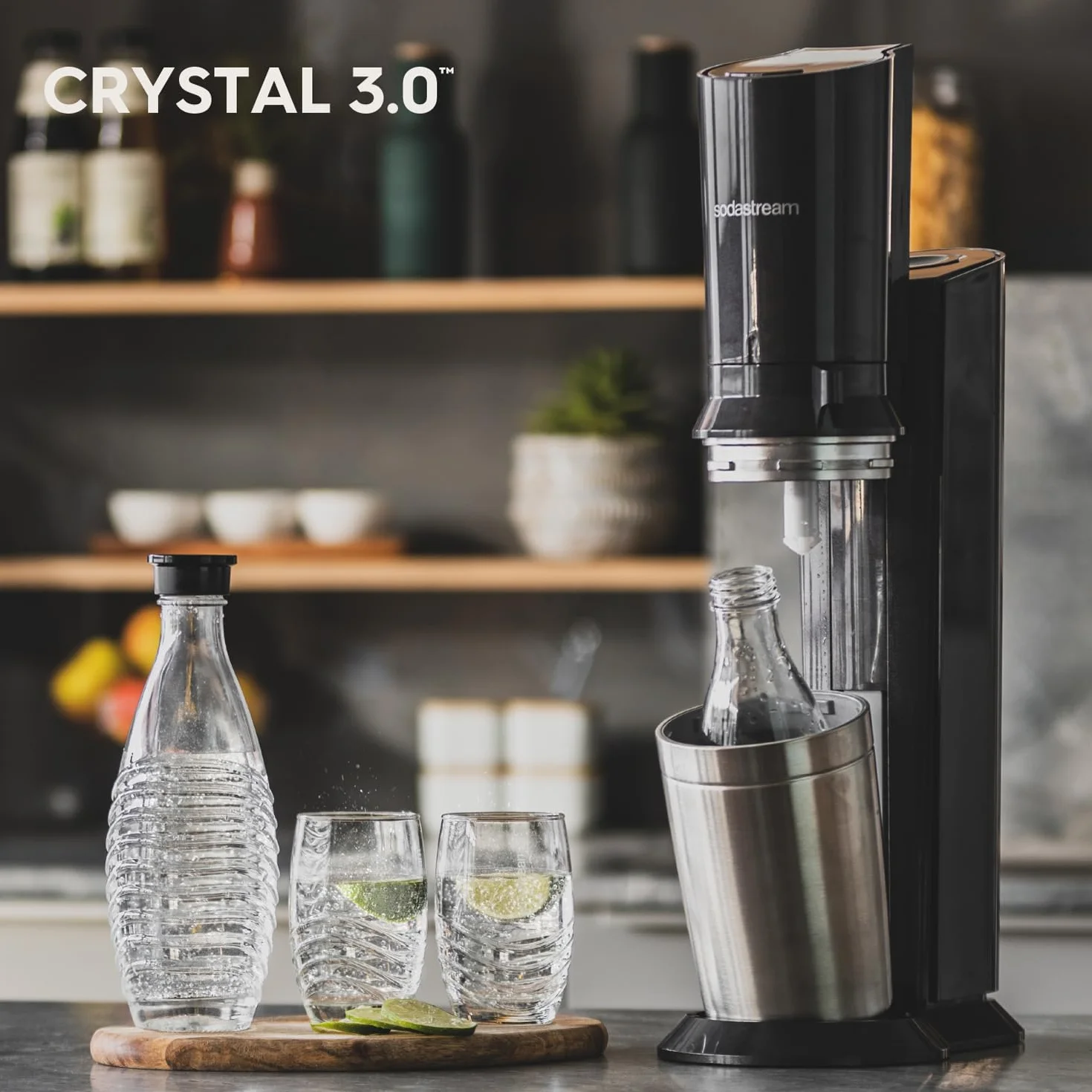 Sodastream Crystal – Machine à eau pétillante avec système CO₂ Quick Connect, cylindre de gaz 60L et 2 carafes en verre 0,7L inclus, noire