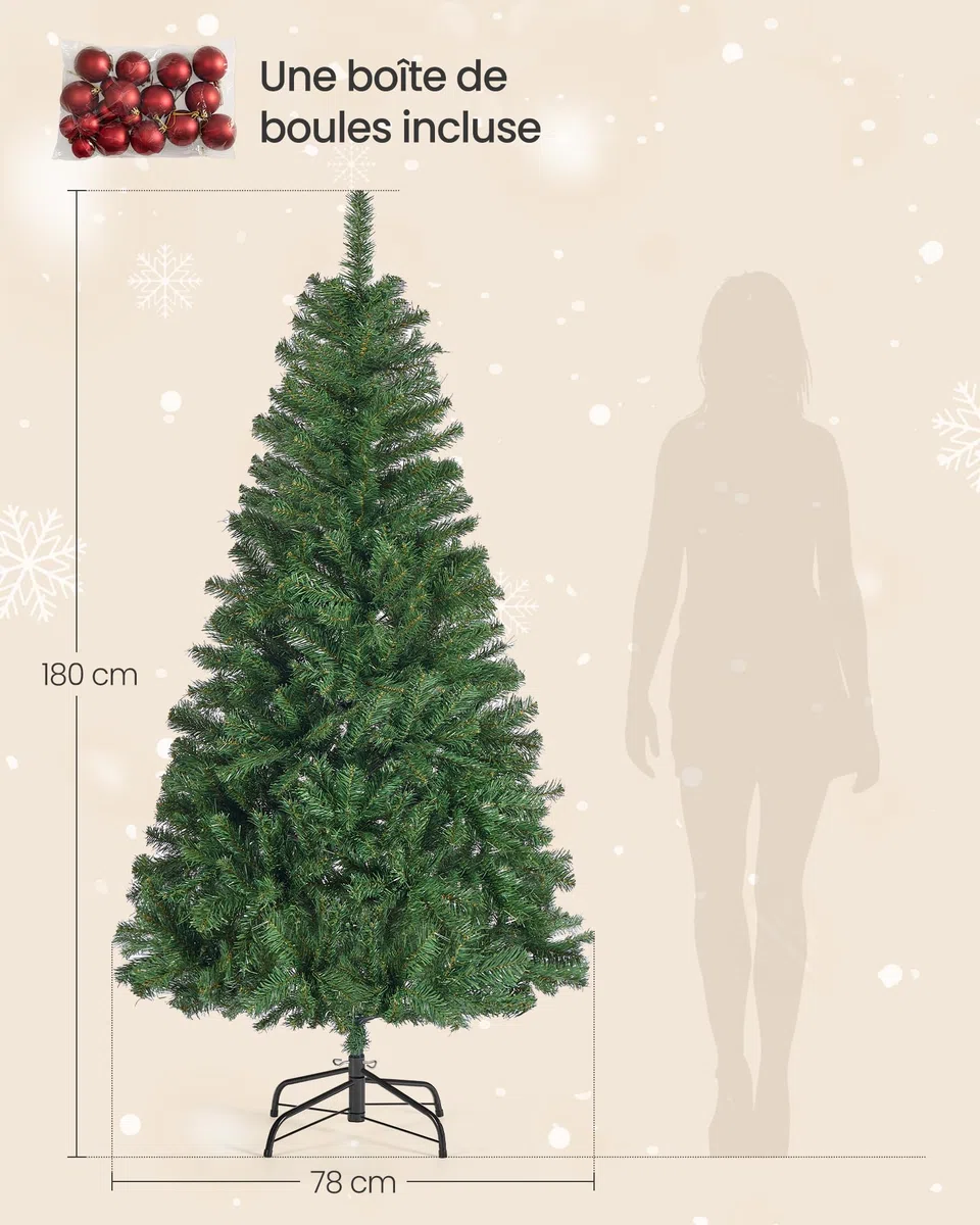SONGMICS Sapin de Noël Artificiel, Sapin de 180 cm, Branches en PVC, avec Support en Métal, Montage Rapide, Vert LAT002CZ01