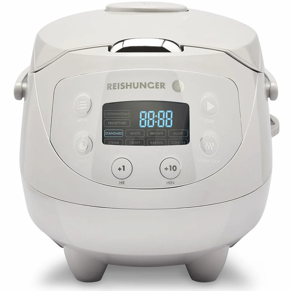 Reishunger Mini Auto Cuiseur Riz (rice cooker) Japonais et Cuiseur Vapeur Gris avec la Fonction de Maintien au Chaud et Bol en Céramique, dont Cuillère et Tasse à Mesurer – 0,6 l pour 1-3 personnes